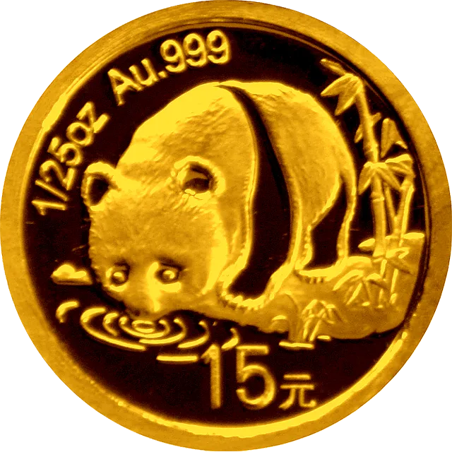 中国熊猫金币发行25周年金银纪念币1/25盎司圆形金质纪念币 正面图