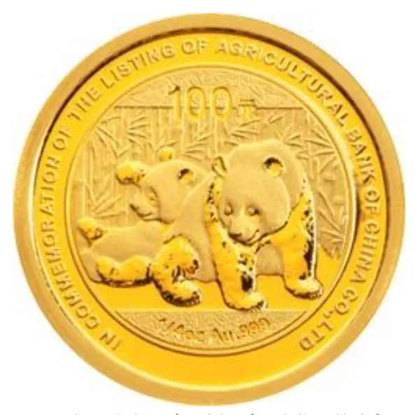 中国农业银行股份有限公司上市熊猫加字金银纪念币1/4盎司金质纪念币 正面图