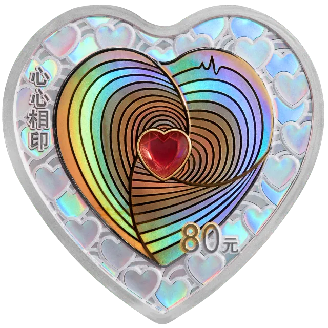 2024吉祥文化5克金3克银心形双金属“心心相印”纪念币 正面图