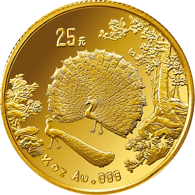中国古代名画系列(孔雀开屏)金银纪念币1/4盎司圆形金质纪念币 正面图